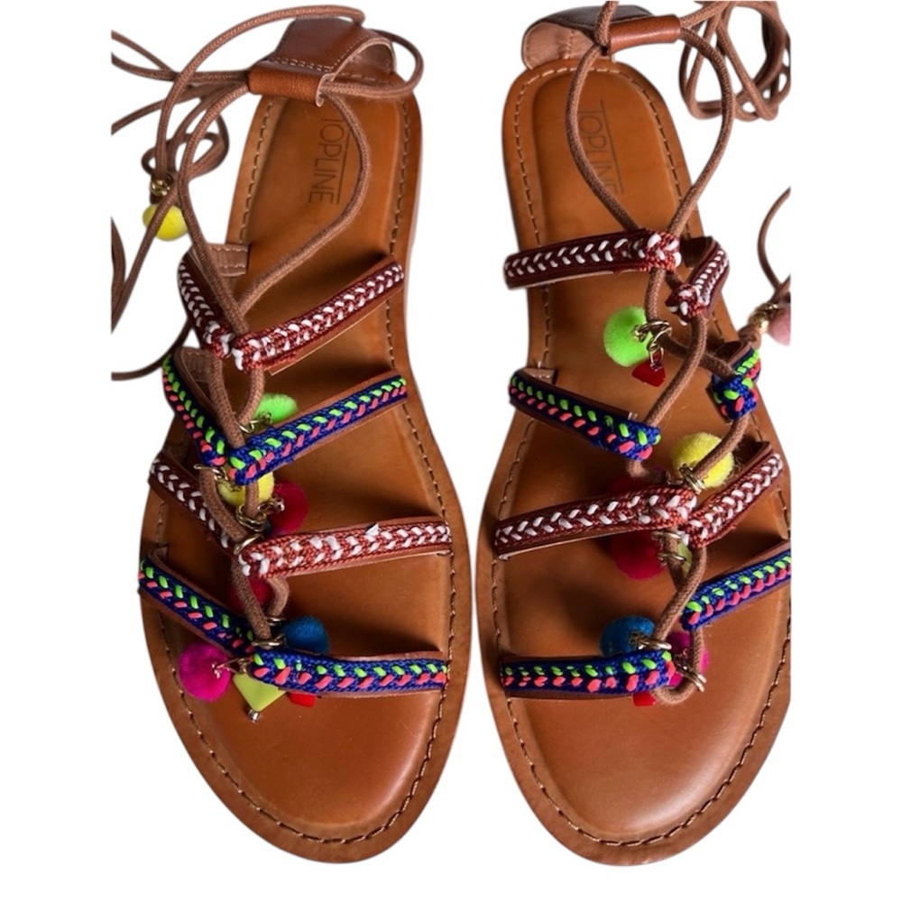 Top Line Womens Ohmy Multi Color Bohemian Pom Gladiator Sandals Size 8